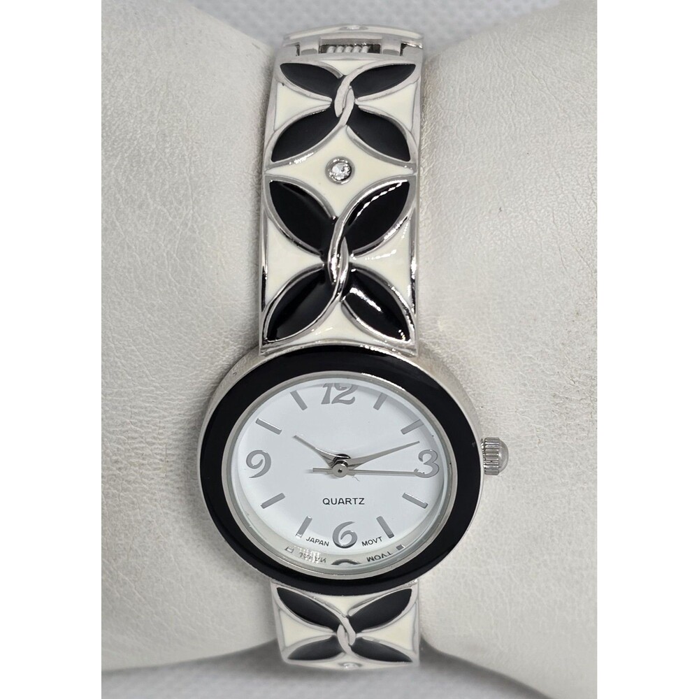 Women's Fancy Trendy Round White Silver Black Tone Cuff Band Watch 12 - Picture 4 of 9